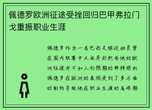 佩德罗欧洲征途受挫回归巴甲弗拉门戈重振职业生涯