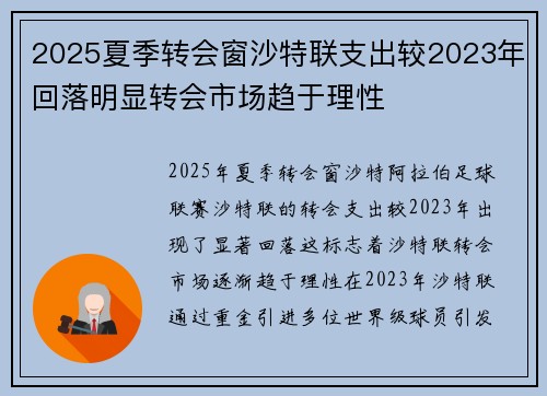 2025夏季转会窗沙特联支出较2023年回落明显转会市场趋于理性